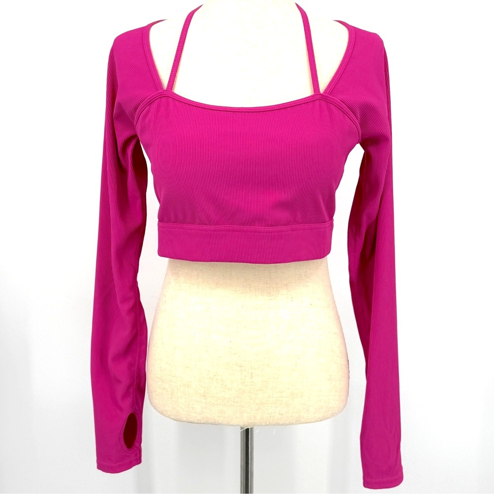 Halara‎ Womens Yoga Sports Top L Bonbon Ribbed Halter Strap Thumb Hole Cropped